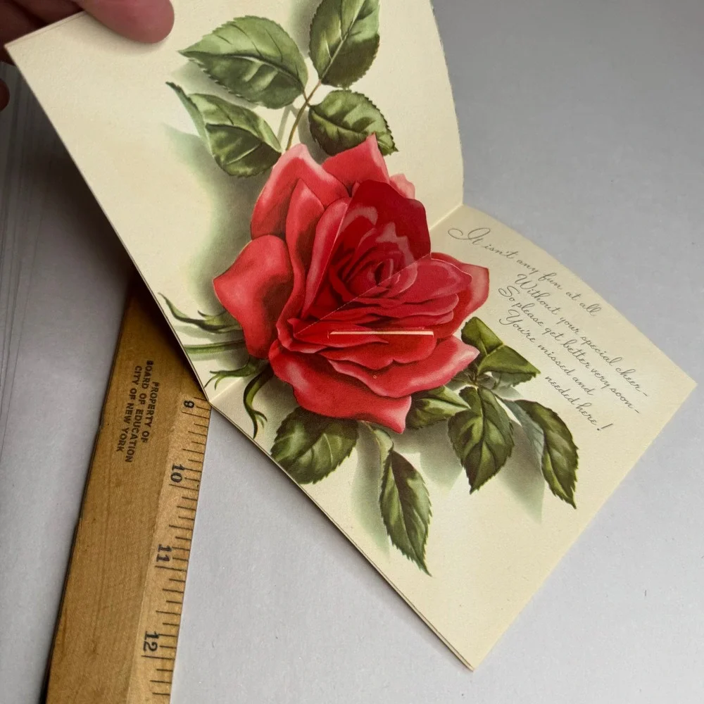 Vintage Get Well Soon Greeting Card Red Rose Pop Up 935105 Made in USA 1950s 60s